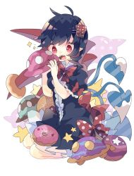 Rule 34 | 1girl, ?, asymmetrical wings, black dress, black hair, blue wings, bow, bowtie, commentary, doughnut, dress, fangs, flying saucer, food, frilled sleeves, frills, full body, hair ornament, hairclip, hands up, highres, holding, houjuu nue, nail polish, nikorashi-ka, open mouth, pointy ears, polka dot, polka dot bow, puffy short sleeves, puffy sleeves, red bow, red bowtie, red eyes, red nails, red wings, seiza, short hair, short sleeves, sitting, solo, spacecraft, sparkle, sparkling eyes, star (symbol), touhou, ufo, white background, wings