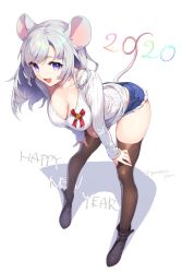 Rule 34 | 2020, :d, animal ears, artist name, bad id, bad twitter id, bent over, boots, breasts, brown thighhighs, cleavage, commentary request, cutoffs, full body, gomashio ponz, happy new year, large breasts, long sleeves, mouse ears, mouse tail, new year, open mouth, original, purple eyes, ribbed sweater, short shorts, shorts, silver hair, simple background, smile, solo, standing, sweater, tail, thighhighs, twitter username, v-neck