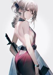 Rule 34 | 1girl, an-94 (girls&#039; frontline), an-94 (silent rouge) (girls&#039; frontline), ass, backless dress, backless outfit, bare shoulders, belt, black belt, black dress, bracelet, breasts, butt crack, commentary request, dress, ear piercing, folded ponytail, girls&#039; frontline, gradient dress, grey background, grey eyes, grey hair, gun, hair up, highres, holding, holding gun, holding weapon, jewelry, liduke, no bra, official alternate costume, panties, piercing, purple dress, see-through, sideboob, simple background, small breasts, solo, thong, underwear, watermark, weapon, weibo logo, weibo watermark, weibo watermark