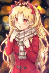 Rule 34 | 1girl, blonde hair, blurry, blurry background, blush, bow, breasts, brown scarf, coat, commentary request, depth of field, enpera, ereshkigal (fate), fate/grand order, fate (series), fingernails, forehead, fringe trim, hair bow, highres, long hair, long sleeves, open mouth, parted bangs, plaid, plaid scarf, red bow, red coat, red eyes, round teeth, samoore, scarf, small breasts, solo, teeth, tiara, two side up, upper body, upper teeth only, very long hair