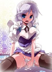 Rule 34 | 1girl, aftersex, black panties, black thighhighs, blue eyes, bow, braid, breasts, covering privates, covering crotch, cum, cum on body, cum on lower body, cumdrip, drooling, garter straps, hair bow, headdress, izayoi sakuya, large breasts, maid headdress, miuku (marine sapphire), no panties, open mouth, panties, panties around leg, unworn panties, saliva, short hair, silver hair, sitting, solo, thick thighs, thighhighs, thighs, tissue, touhou, twin braids, underwear