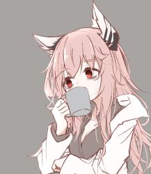 Rule 34 | 1girl, animal ear fluff, animal ears, bags under eyes, black shirt, breasts, cleavage, collared shirt, cup, dress shirt, girls&#039; frontline, grey background, hair between eyes, highres, holding, holding cup, jacket, long hair, long sleeves, matsuo (matuonoie), medium breasts, mug, open clothes, open jacket, persica (girls&#039; frontline), pink hair, red eyes, shirt, simple background, solo, upper body, very long hair, white jacket