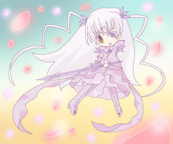 Rule 34 | 00s, 1girl, :d, barasuishou, chibi, dress, eyepatch, flower eyepatch, full body, holding, holding weapon, long hair, long sleeves, looking at viewer, mirai (sugar), open clothes, open mouth, pink dress, polearm, rozen maiden, scythe, silver hair, smile, solo, very long hair, weapon, yellow eyes