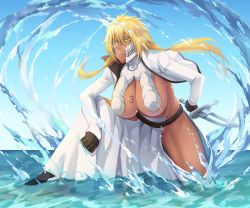 Rule 34 | 1girl, arrancar, black gloves, bleach, blonde hair, blue sky, breast tattoo, breasts, broken mask, cleavage, closed mouth, cropped jacket, dark-skinned female, dark skin, female focus, floating water, full body, gloves, green eyes, hakama, highres, hip vent, holding, holding sword, holding weapon, huge breasts, jacket, japanese clothes, long hair, long sleeves, low twintails, mask, navel, number tattoo, revealing clothes, sakuya (liao kj), serious, sky, solo, sword, tattoo, thighs, tier harribel, twintails, underboob, v-shaped eyebrows, water, weapon, white hakama, white jacket