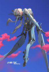 Rule 34 | 1girl, absurdres, ass, blue eyes, blurry, bodysuit, boots, breasts, commentary request, depth of field, grey hair, hair ribbon, highres, legs, mecha musume, original, personification, pointy ears, ribbon, short twintails, sima naoteng, sky, smoke trail, solo, twintails