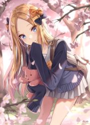 Rule 34 | 1girl, abigail williams (fate), backpack, bag, blonde hair, blue eyes, blue jacket, blush, bow, breasts, cherry blossoms, contemporary, fate/grand order, fate (series), forehead, grey skirt, hair bow, highres, jacket, leaning forward, long hair, long sleeves, looking at viewer, morigami (morigami no yashiro), multiple hair bows, parted bangs, school uniform, serafuku, sidelocks, skirt, sleeves past fingers, sleeves past wrists, small breasts, smile, solo, stuffed animal, stuffed toy, teddy bear, thighs, tree