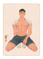 Rule 34 | 1boy, abs, absurdres, bara, bare chest, black hair, border, brown eyes, highres, large pectorals, male focus, muscular, muscular male, open clothes, open shirt, original, parted lips, pectorals, short hair, simple background, socks, solo, squatting, white border, yun shen
