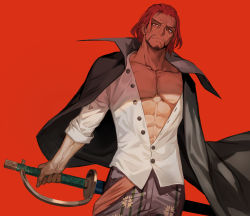 Rule 34 | 1boy, abs, absurdres, amputee, beard, black cape, cape, facial hair, forehead, highres, holding, holding sword, holding weapon, lack, looking at viewer, male focus, muscular, muscular male, one piece, one piece film: red, pants, partially unbuttoned, pectorals, print pants, red background, red eyes, red hair, scar, scar on face, shanks (one piece), shirt, simple background, solo, sword, veins, veiny arms, weapon, white shirt