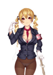 Rule 34 | 1girl, armband, bad id, bad pixiv id, between breasts, black pantyhose, blonde hair, bra, breasts, cleavage, digital media player, drill hair, earbuds, earphones, earrings, gloves, gusset, jewelry, lace, lace bra, large breasts, long hair, looking at viewer, naidong (artist), necktie, necktie between breasts, no pants, open clothes, open shirt, original, panties, panties under pantyhose, pantyhose, red eyes, shinai, shirt, simple background, smile, solo, sword, twin drills, twintails, underwear, weapon, white bra, white gloves, white panties