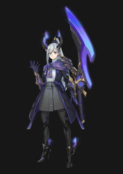 Rule 34 | 1girl, absurdres, arm blade, armor, black background, blade, claw (weapon), closed mouth, eyes visible through hair, glowing, gradient background, grey eyes, grey hair, high heels, highres, hong yu, horns, huge weapon, long hair, mechanical horns, original, pauldrons, ponytail, purple theme, ribbed sweater, shoulder armor, solo, standing, sweater, sword, turtleneck, weapon, white sweater