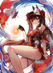 Rule 34 | 1girl, absurdres, bare shoulders, black gloves, black hair, blush, commentary, detached sleeves, dress, fireworks, fox mask, from side, gloves, highres, holding, holding fireworks, honkai: star rail, honkai (series), koi, liverpool0427, long hair, looking at viewer, mask, mask on head, mole, mole under eye, obi, pink eyes, red dress, sash, short dress, single glove, sleeveless, sleeveless dress, smile, solo, sparkle (honkai: star rail), thighs, twintails, very long hair