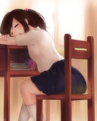 Rule 34 | 13o, 1girl, blush, book, book stack, brown hair, chair, desk, closed eyes, fart, gas, highres, open mouth, school uniform, sitting, skirt, sleeping, solo