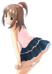Rule 34 | 1girl, ass, bare arms, bare shoulders, black skirt, blue eyes, blush, brown hair, camisole, closed mouth, commentary request, fingernails, hair ornament, hair scrunchie, high ponytail, highres, layered skirt, leaning forward, long hair, looking at viewer, looking back, original, panties, panty pull, pink camisole, pink scrunchie, pleated skirt, ponytail, pulling own clothes, scrunchie, shibacha, simple background, skirt, smile, solo, thighs, underwear, white background, white panties