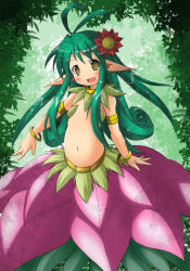 Rule 34 | 1girl, :d, akimoto kei, bangle, belly, blush, bracelet, brown eyes, commentary request, flat chest, flower, full body, green hair, hair flower, hair ornament, highres, jewelry, long hair, looking at viewer, monster girl, navel, open mouth, pinguicula, plant, plant girl, pointy ears, ragnarok online, red flower, smile, solo, tree
