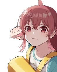 Rule 34 | ahoge, backpack, bag, blush, clenched hand, collarbone, commentary request, hair between eyes, idolmaster, idolmaster shiny colors, imminent punch, kamille (vcx68), komiya kaho, long hair, long sleeves, looking at viewer, photo-referenced, randoseru, red eyes, red hair, shirt, solo, white background, yellow bag