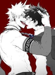 Rule 34 | 2boys, bakugou katsuki, bead necklace, beads, boku no hero academia, cho mo futoshi, detached sleeves, earrings, fang, fingernails, freckles, green eyes, greyscale with colored background, head grab, highres, horns, imminent kiss, jewelry, looking at another, male focus, midoriya izuku, monochrome, monster boy, multiple boys, multiple necklaces, necklace, open mouth, pointy ears, red background, red eyes, sharp fingernails, sharp teeth, simple background, spiked hair, sweatdrop, teeth, tongue, topless male, twitter username, yaoi