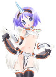 Rule 34 | 1girl, :p, akutagawa manbou, bare shoulders, blush, breasts, capcom, cosplay, cowboy shot, elbow gloves, facing viewer, fake horn, fur trim, gloves, head tilt, hiiragi tsukasa, horned hairband, horns, kirin, kirin (armor), kirin (cosplay), legs together, loincloth, looking at viewer, lucky star, matching hair/eyes, midriff, monster hunter (series), narrow waist, navel, no bra, purple eyes, purple hair, revealing clothes, short hair, simple background, single horn, skinny, small breasts, smile, solo, standing, tareme, thighhighs, tongue, tongue out, underboob, white background