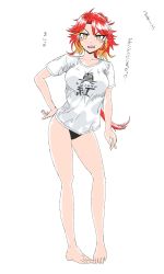 Rule 34 | 36rt, absurdres, annoyed, azur lane, bare legs, black panties, blush, casual clothes, hand on own hip, highres, legs, looking at viewer, no bra, orange eyes, panties, phoenix (azur lane), red hair, shirt, t-shirt, tagme, thighs, tilted hips, translation request, underwear