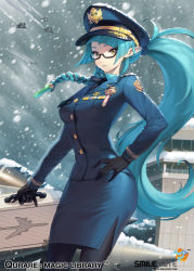 Rule 34 | 1girl, aircraft, airplane, blue hair, braid, breasts, delphine (qurare), fighter jet, glasses, hand on own hip, jet, large breasts, long hair, looking at viewer, military, military uniform, military vehicle, ningu, pantyhose, pointy ears, ponytail, qurare magic library, snow, solo, uniform, yellow eyes