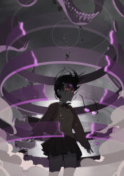 Rule 34 | 1girl, aura, battle aura, black hair, breasts, chakra, closed mouth, determined, epic, unworn eyewear, facial mark, floating clothes, floating hair, forehead mark, glasses, glasses removed, glowing, highres, jacket, long sleeves, looking to the side, mangekyou sharingan, naruto, naruto: the last, naruto (series), open clothes, open jacket, outstretched arms, pleated skirt, red-framed eyewear, red eyes, ribbon, school uniform, serious, sharingan, shirt, short hair, skeleton, skirt, smoke, solo, spread fingers, standing, susanoo (naruto), sweater vest, thighs, uchiha sarada, vashperado, vest, wind