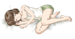 Rule 34 | 1girl, bare shoulders, barefoot, brown hair, camisole, collarbone, closed eyes, feet, green shorts, head on hand, highres, legs, lying, on side, open mouth, original, short hair, sleeping, solo, souji kurokawa, thought bubble, toes