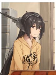 Rule 34 | 10s, 1girl, alternate costume, black hair, casual, commentary request, enosan, headgear, hood, hoodie, indoors, jacket, kantai collection, kotatsu, long hair, nagato (kancolle), red eyes, revision, solo, table, wavy mouth, yellow jacket