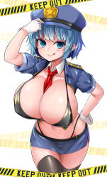 Rule 34 | &gt;:), 1girl, adjusting clothes, adjusting headwear, between breasts, bikini, black bikini, black thighhighs, blue eyes, blue hair, breasts, caution tape, chiroshiron, detached collar, gloves, hand on own hip, hat, highleg, highleg bikini, highres, keep out, large breasts, licking lips, micro bikini, microskirt, midriff, navel, necktie, necktie between breasts, oppai loli, original, police, police hat, police uniform, policewoman, short hair, shortstack, shrug (clothing), skirt, solo, swimsuit, thighhighs, tongue, tongue out, uniform, v-shaped eyebrows, white gloves, zettai ryouiki