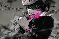 Rule 34 | 1boy, aya shiro423, bandages, bandaid, bandaid on hand, barbed wire, blood, blood on face, blurry, blurry background, gakuran, hair over eyes, holding, holding knife, kageyama shigeo, knife, licking, licking blade, licking weapon, male focus, mask, mask on head, mob psycho 100, pink blood, scar, school uniform, solo, upper body, weapon