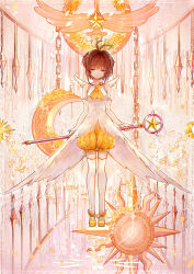 Rule 34 | 1girl, angel wings, antenna hair, bai qi-qsr, bare shoulders, bloomers, brown hair, cardcaptor sakura, chain, closed eyes, commentary request, crescent moon, crown, dress, elbow gloves, eyeshadow, flower, full body, gloves, gold chain, halter dress, halterneck, highres, holding, holding staff, kinomoto sakura, magical girl, makeup, mary janes, mixed-language commentary, moon, orange background, orange eyeshadow, parted lips, petals, rose, rose petals, shoes, short hair, solo, staff, star (symbol), straight-on, sun symbol, thighhighs, turtleneck dress, underwear, weapon behind back, white dress, white gloves, white thighhighs, winged footwear, wings, yellow bloomers, yellow crown, yellow flower, yellow footwear, yellow rose