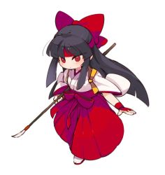 Rule 34 | 1girl, asuka 120 percent, black hair, blush, bow, commentary request, fingerless gloves, full body, gloves, hair bow, hakama, hakama skirt, headband, highres, hime cut, holding, holding polearm, holding weapon, japanese clothes, kimono, long hair, looking at viewer, miko, mota, owada nana, polearm, red eyes, red gloves, simple background, skirt, solo, weapon, white background, white kimono