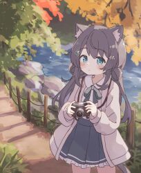 Rule 34 | 1girl, :&lt;, absurdres, animal ear fluff, animal ears, blue eyes, blush, camera, cat ears, cat girl, cat tail, colon br, commentary request, grass, grey hair, grey ribbon, grey skirt, hair ornament, hairpin, highres, holding, holding camera, jacket, long hair, looking at viewer, outdoors, ribbon, river, rock, shirt, skirt, solo, tail, tree, white shirt