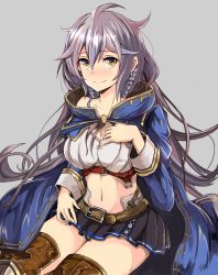 Rule 34 | 10s, 1girl, absurdres, blush, braid, breasts, cleavage, granblue fantasy, highres, koenza botoke, large breasts, long hair, looking at viewer, midriff, navel, silva (granblue fantasy), silver hair, sitting, skirt, smile, solo, yellow eyes