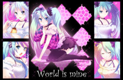 Rule 34 | 1girl, :o, aqua hair, argyle, argyle background, argyle clothes, blue eyes, blue hair, braid, collarbone, full body, hatsune miku, jewelry, kurohara yuu, looking at viewer, multiple persona, multiple views, necklace, open mouth, pendant, single braid, sitting, thighhighs, twintails, vocaloid, world is mine (vocaloid)