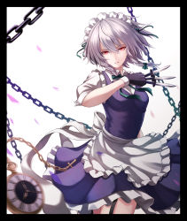 Rule 34 | 1girl, absurdres, apron, between fingers, black gloves, blue dress, braid, carrot room, chain, commentary request, cowboy shot, dress, frown, gloves, green ribbon, hair between eyes, highres, holding, izayoi sakuya, knife, looking at viewer, maid, maid apron, maid headdress, neck ribbon, puffy short sleeves, puffy sleeves, red eyes, ribbon, shirt, short hair, short sleeves, silver hair, simple background, solo, throwing knife, touhou, twin braids, v-shaped eyebrows, weapon, white background, white shirt