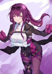 Rule 34 | 1girl, absurdres, black jacket, breasts, butterfly brooch, butterfly ornament, cleavage cutout, clothing cutout, crymsie, glasses, gloves, high-waist shorts, highres, holding, holding clothes, holding jacket, honkai: star rail, honkai (series), jacket, kafka (honkai: star rail), large breasts, long hair, long jacket, looking at viewer, open clothes, open jacket, pantyhose, pince-nez, purple eyes, purple gloves, purple hair, purple pantyhose, round eyewear, shirt, shorts, simple background, solo, sunglasses, white shirt, white sleeves