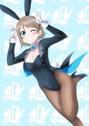 Rule 34 | 1girl, absurdres, animal ears, black bow, black bowtie, black coat, black footwear, black leotard, black pantyhose, blue eyes, bow, bowtie, breasts, cleavage, coat, commentary request, covered navel, detached collar, fake animal ears, gloves, grey hair, grin, high heels, highleg, highleg leotard, highres, leotard, looking at viewer, love live!, love live! sunshine!!, medium breasts, pantyhose, playboy bunny, rabbit ears, rabbit pose, rabbit tail, short hair, smile, solo, strapless, strapless leotard, tail, tailcoat, watanabe you, white gloves, zero-theme
