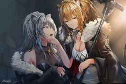 Rule 34 | ahoge, animal ears, arknights, bare shoulders, black jacket, blush, breasts, brown eyes, brown hair, choker, cleavage, crossover, earrings, expressionless, fur-trimmed jacket, fur trim, grey eyes, grey hair, hair between eyes, hand on another&#039;s chin, highres, hiroki ree, holding, holding weapon, hololive, jacket, jewelry, large breasts, leather, leather jacket, lion, lion ears, lion girl, lion tail, long hair, look-alike, looking at another, looking at viewer, nail polish, necklace, open mouth, see-through, see-through cleavage, shirt, shishiro botan, shishiro botan (1st costume), short shorts, shorts, siege (arknights), sitting, squatting, studded choker, tail, tank top, trait connection, virtual youtuber, war hammer, weapon, white tank top