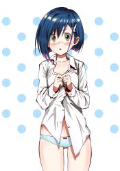 Rule 34 | asymmetrical hair, blue background, blue hair, blue panties, blush, bob cut, bow, bow panties, collarbone, commentary, cowboy shot, darling in the franxx, dress shirt, embarrassed, furrowed brow, gluteal fold, green eyes, hair between eyes, hair ornament, hairclip, hands on own chest, ichigo (darling in the franxx), looking at viewer, lowleg, lowleg panties, no pants, nose blush, panties, parted lips, partially unbuttoned, polka dot, polka dot background, red bow, shiro nezumi125, shirt, short hair, solo, swept bangs, thigh gap, unbuttoned, unbuttoned shirt, unbuttoning, underwear, undressing, white background, white shirt