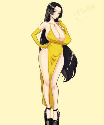 Rule 34 | 1girl, 47 hard, artist name, black hair, blue eyes, boa hancock, breasts, cleavage, collarbone, dress, earrings, gloves, hand on own hip, high heels, highres, huge breasts, jewelry, long hair, looking at viewer, necklace, one piece, simple background, solo, standing, yellow background, yellow dress, yellow gloves