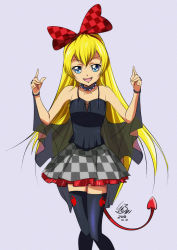Rule 34 | 1girl, 2018, :d, black shirt, black thighhighs, blonde hair, blue eyes, bow, bracelet, checkered bow, checkered clothes, checkered skirt, collar, collarbone, cosplay request, dated, demon tail, dokidoki! precure, grey background, grey skirt, hair bow, hairband, jewelry, layered skirt, long hair, looking at viewer, miniskirt, open mouth, precure, red bow, red hairband, regina (dokidoki! precure), sash, shirt, signature, simple background, skirt, sleeveless, sleeveless shirt, smile, solo, standing, tail, thighhighs, tomo5656ky, very long hair, zettai ryouiki