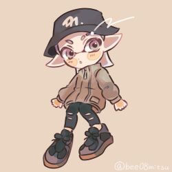 Rule 34 | 1boy, :o, absurdres, black footwear, black hat, black pants, brown jacket, commentary, eyebrow cut, full body, grey eyes, hat, highres, inkling, inkling boy, inkling player character, jacket, nintendo, pants, payayo884, pointy ears, simple background, solo, splatoon (series), splatoon 3, symbol-only commentary, torn clothes, torn pants, white background