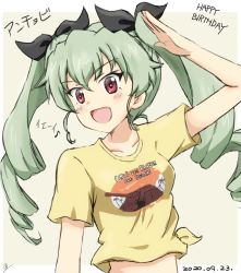 Rule 34 | 1girl, :d, anchovy (girls und panzer), artist name, birthday, black ribbon, casual, character name, commentary, copyright name, dated, drill hair, eighth note, english text, girls und panzer, girls und panzer saishuushou, green hair, hair ribbon, happy birthday, long hair, looking at viewer, ma-2 (konkon kitakitsune), meta, midriff, musical note, open mouth, red eyes, ribbon, salute, shirt, short sleeves, signature, smile, solo, t-shirt, tied shirt, translated, twin drills, twintails, yellow shirt