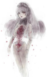Rule 34 | 1girl, blood, breasts, doll joints, flower, guro, highres, joints, lips, long hair, nude, petals, red eyes, rose, rozen maiden, silver hair, small breasts, solo, suigintou, wings, yukishiro (hitsuji)