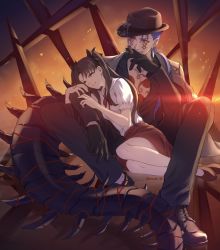 Rule 34 | 1boy, 1girl, alternate costume, angry, arm hug, black hair, blue eyes, bodypaint, cigar, coat, couple, cu chulainn (fate), cu chulainn (fate) (all), cu chulainn (fate/stay night), cu chulainn alter (fate), cu chulainn alter (fate/grand order), cu chulainn alter (formal dress) (fate), dark persona, earrings, facepaint, fate/grand order, fate/stay night, fate (series), fedora, gloves, grin, hat, heroic spirit formal dress, highres, holding, holding cigar, jacket, jewelry, lancer, looking at another, mondi hl, open clothes, open jacket, overcoat, pants, puffy short sleeves, puffy sleeves, sharp teeth, short sleeves, sitting, skirt, smile, spikes, tail, teeth, tohsaka rin, twintails, twitter, type-moon