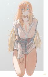 Rule 34 | 1girl, blonde hair, blue eyes, blush, breasts, cleavage, closed mouth, cropped legs, grey background, highres, large breasts, long hair, long sleeves, looking to the side, miami-chan (ryusei hashida), naked shirt, original, ryusei hashida, shirt, signature, smile, smug, solo, standing, wet, wet clothes, wet shirt