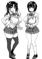 Rule 34 | 2girls, :o, asanagi, blush, bow, bowtie, breasts, collared shirt, commentary request, copyright request, greyscale, hand on own hip, highres, huge breasts, jacket, knees together feet apart, long hair, long sleeves, looking at viewer, miniskirt, mole, mole under eye, monochrome, multiple girls, open mouth, parted lips, pigeon-toed, pleated skirt, school uniform, shirt, shoes, short hair, simple background, skindentation, skirt, socks, standing, tareme, thighhighs, tsurime, twintails, white background, wing collar, zettai ryouiki