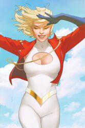 Rule 34 | 1girl, arms up, blonde hair, blue gloves, blue sky, bodysuit, breasts, cleavage, cleavage cutout, closed eyes, clothing cutout, cloud, day, dc comics, elbow gloves, gloves, gold belt, grin, highres, jacket, large breasts, open clothes, open jacket, outdoors, power girl, red jacket, scott forbes, short hair, sky, sleeveless, sleeveless bodysuit, smile, solo, superman (series), teeth, white bodysuit