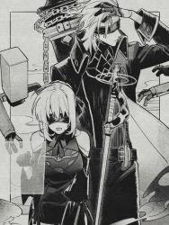 Rule 34 | 1boy, 1girl, antenna hair, belt, blindfold, chain, closed mouth, floating, floating weapon, gloves, greatsword, greyscale, hair between eyes, hair slicked back, half gloves, honey dogs, monochrome, nier (series), nier:automata, open mouth, original, pod (nier:automata), smile, steam, sword, weapon, weapon on back