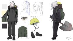 Rule 34 | 1girl, absurdres, backpack, bag, black footwear, black gloves, black pants, character sheet, commentary request, commission, english text, full body, gloves, hair behind ear, hair ornament, hairclip, helmet, highres, holding, holding shovel, kajiwara 3, long hair, long sleeves, looking at viewer, multiple views, original, pants, ponytail, profile, shovel, sidelocks, signature, simple background, skeb commission, white background, white hair, yellow eyes