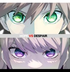 1boy 1girl blonde_hair brown_hair commentary_request danganronpa:_trigger_happy_havoc danganronpa_(series) english_text enoshima_junko eyelashes green_eyes hair_between_eyes highres long_hair looking_at_viewer naegi_makoto oroshi_(daicon_0rosi) purple_eyes ringed_eyes short_hair sparkle vs